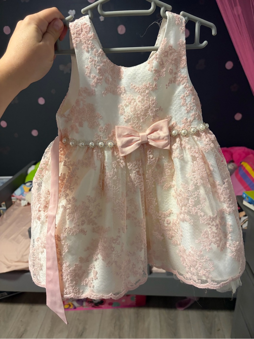 American Princess Pink and Ivory Lace Pearl-Bow Dress